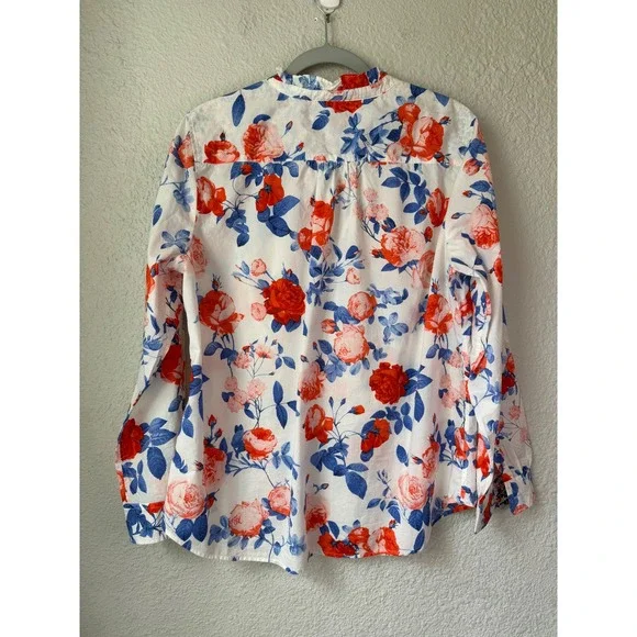 Talbots Womens Red Blue Floral Rose Print Cotton Roll Tab Sleeve Blouse Top - Picture 3 of 4